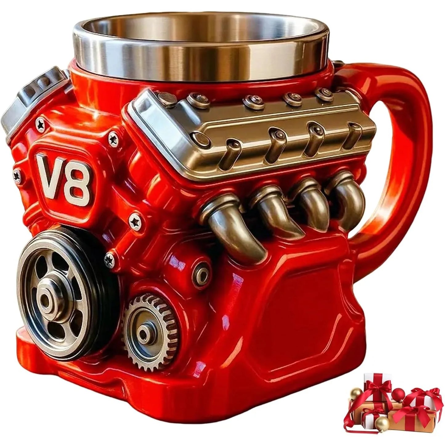 Retro Engine Coffee Mug,V8 Engines Stainless Steel Cup,Personalized Double Wall Insulation Car Mug with Handle for Christmas