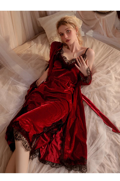 REBEYULI Brand Sexy Sleepwear Women 2026 Autumn Lace Sweet Solid Night Dress Long Soft Comfortable Velvet Robe Gown Sets Women
