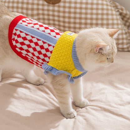 Diamond Grid Solid Cat Sweaters Warm Wool Knitting Winter Sphinx Small Dogs Clothing Ruffle Sleeve Female Girl Puppy Overalls