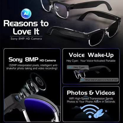 New 1200P HD Smart Glasses With 800W Ultra-Wide Camera Video Recording 4GB AI Photo Recognition Bluetooth Call Translation Voice