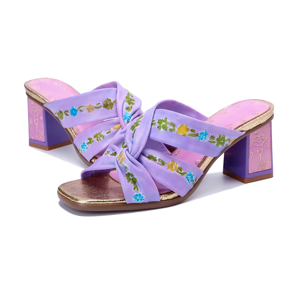 Purple Handmade Woman Slippers Luxury Party Banquet Shoes 6.5CM High Heels Summer Fashion Slide Lady Square Toe Bohemian Sandals