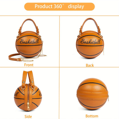Basketball Shaped Crossbody Bag, Trendy Y2K Chain Shoulder Bag, PU Leather Top Handle Circle Purse Purses and Handbags Hand Bags