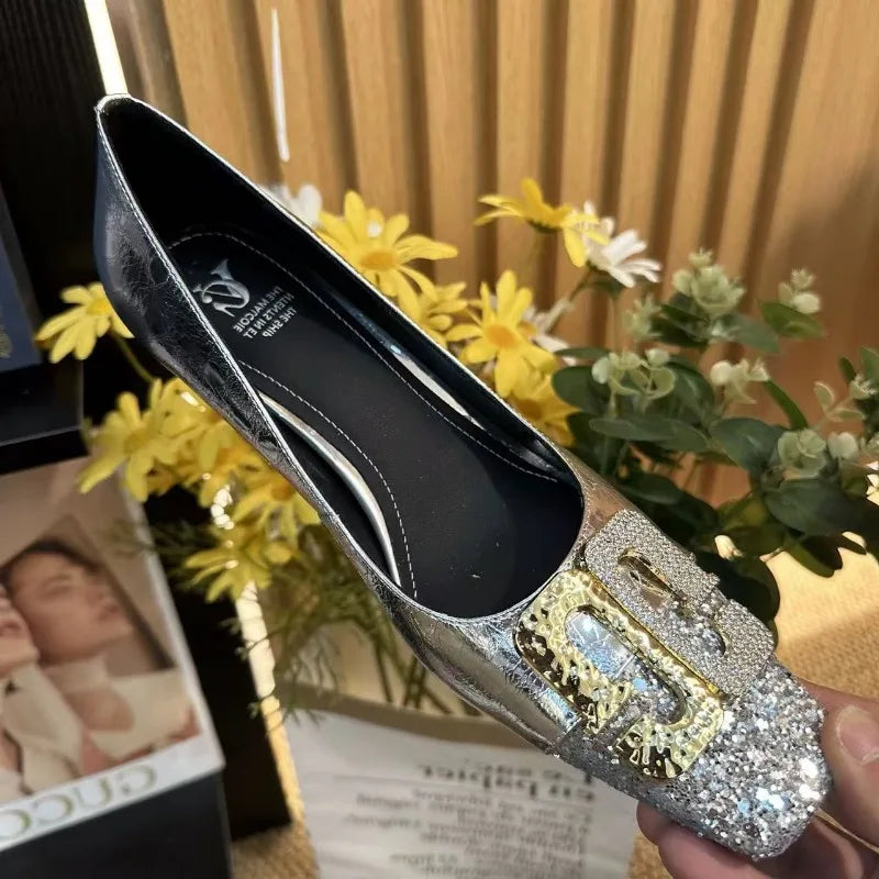 Women Pumps Spring Autumn French Style Ballets Woman Simple High Heels Women Retro Flat Heel Square Toe Simple Shoes Women