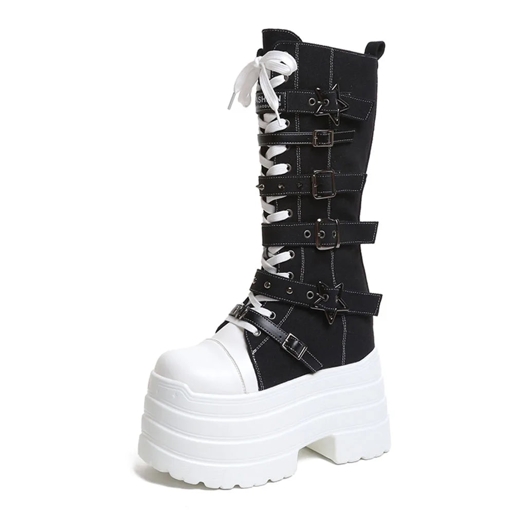 2026 Winter Punk Women Platform Knee High Boots Canvas Patchwork Lace-up Multi Metal Buckle Straps Chunky Heel Motorcycle Boots