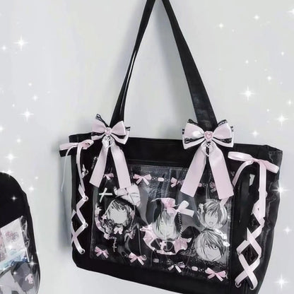 New Ribbon Cute Handbag for Women Large Capacity Transparent DIY Badge One-shoulder Tote Bag Japanese Sweet Girl Ulzzang Ita Bag