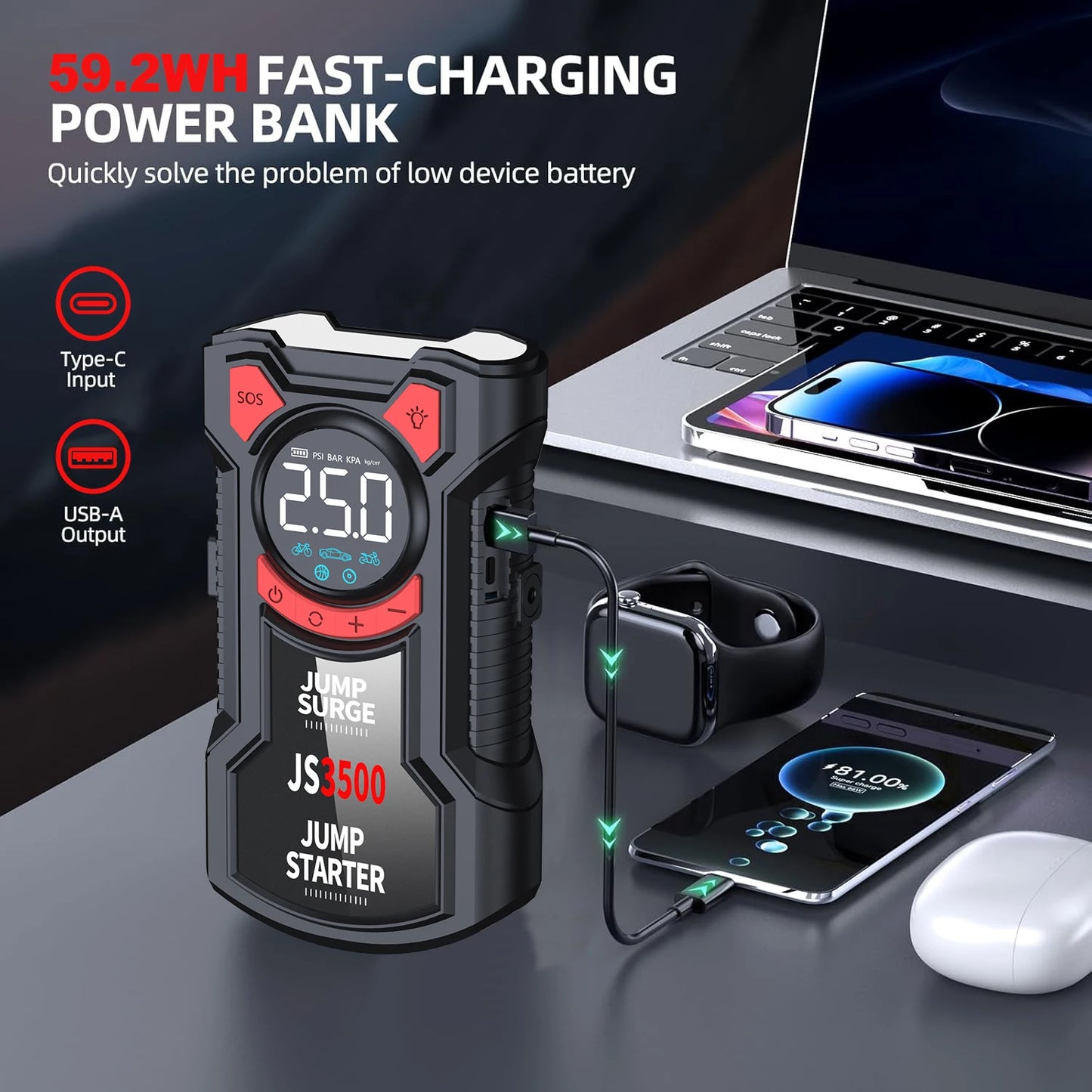 Car Jump Starter Air Compressor With Power Bank Portable Electric Pump Auto Battery Booster 12V Jump Box With Flashlight