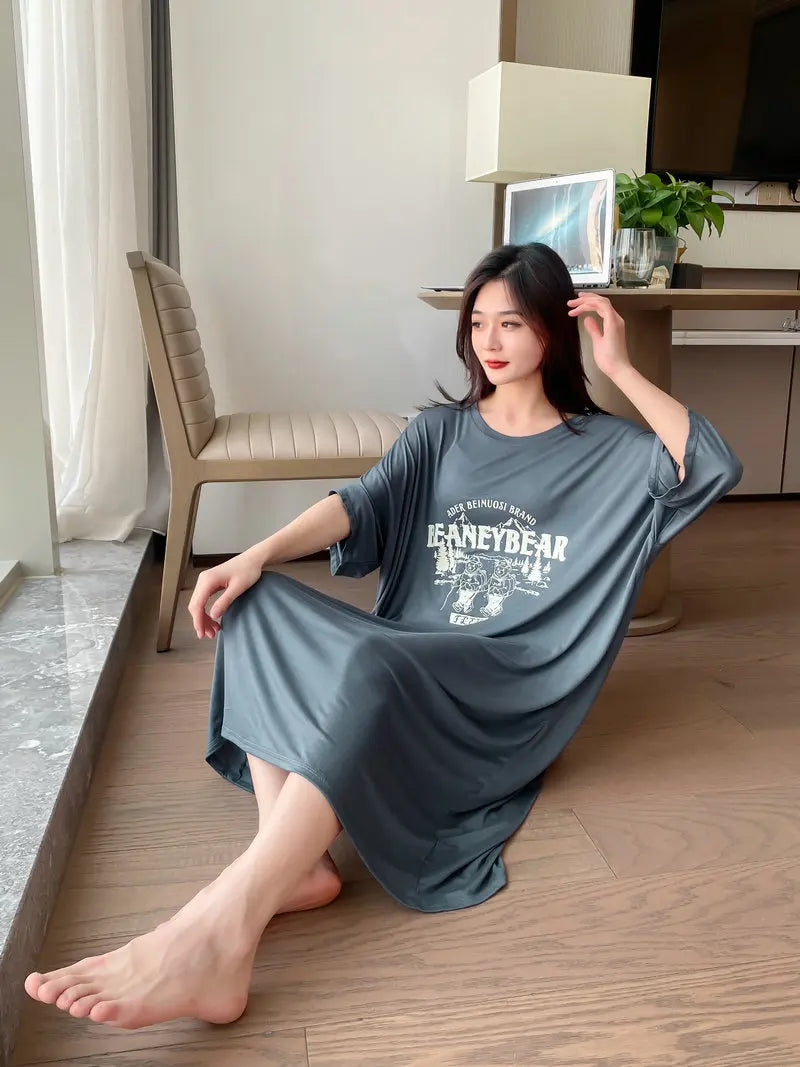 New Casual Sleepwear Woman Night Dress Lounge Home Wear Clothes Printed Short Sleeve Female Nightgowns Cotton Loose Nightshirt