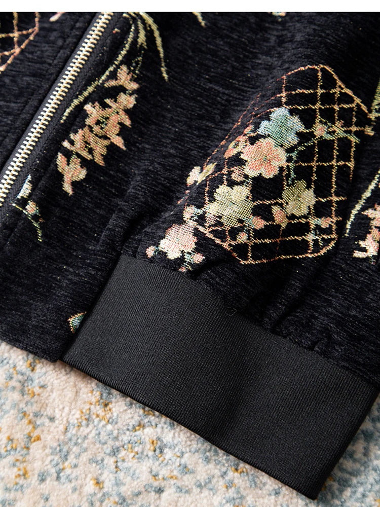 Luxury Beaded Black Jacquard Bomber Jacket Women Vintage Stand Collar Baseball Coat Elegant Embroidered Rhinestone Outerwear