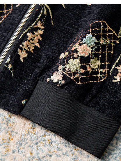 Luxury Beaded Black Jacquard Bomber Jacket Women Vintage Stand Collar Baseball Coat Elegant Embroidered Rhinestone Outerwear