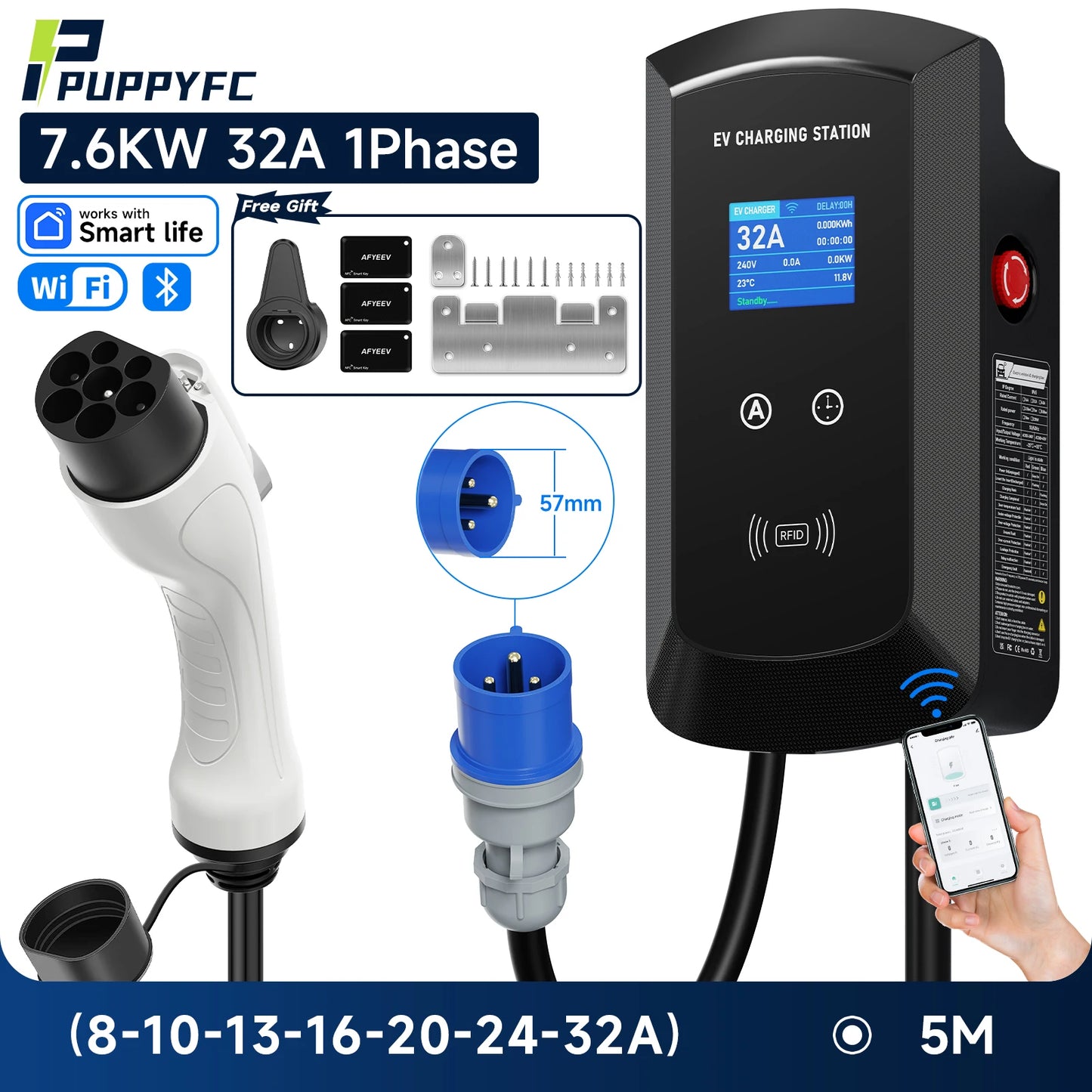 Puppyfc 7.6KW/11KW/22KW 3Phase EV Charging Station GBT 20234 Electric Car Charger EVSE Wallbox WiFi Bluetooth APP Remote Control
