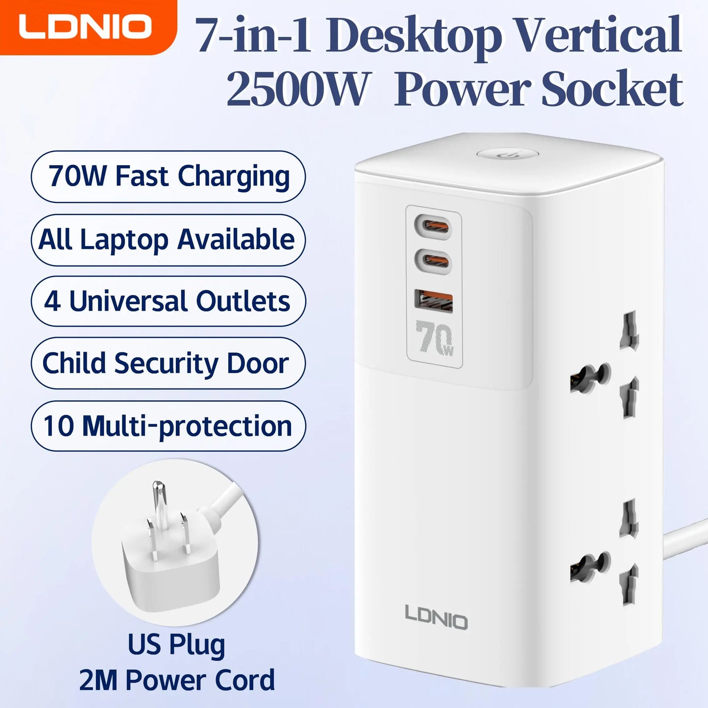 LDNIO Vertical Universal Socket Tower Power Strip Multi Outlets with 45W PD USB C Fast Charging Stations Extension Cable LED