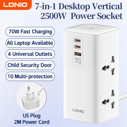 LDNIO Vertical Universal Socket Tower Power Strip Multi Outlets with 45W PD USB C Fast Charging Stations Extension Cable LED
