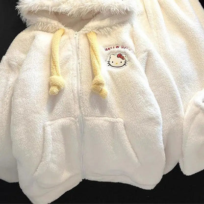 Cute Hello Kittys Hooded Pajamas for Women Winter Coral Fleece Thickened Warm Girls Sleepwear Students Casual Home Clothes Set