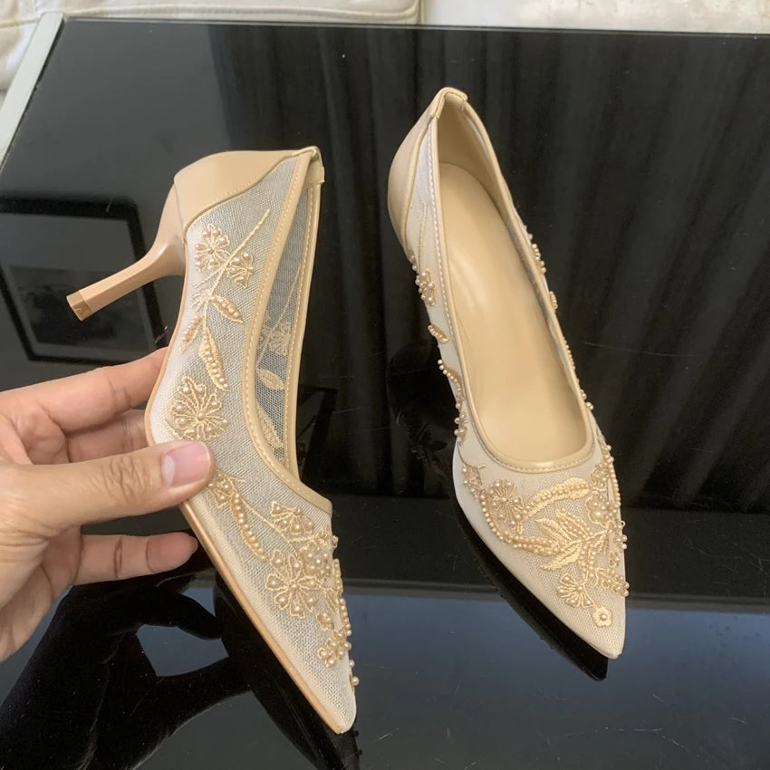 Pointed Toe Mesh Embroider High Heels for ladies Elegant String Bead pumps Sexy Luxury Designer Shoe Party Wedding Heeled Sandal