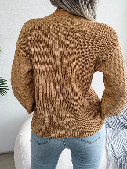 2024 Autumn Winter Casual Lantern Long Sleeved Knitted Sweater Fashion Army Green Round Neck Sweater Elegant Knitted Pullover