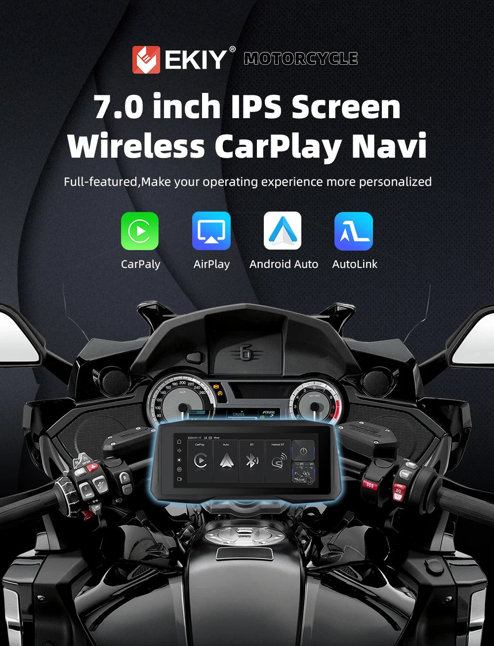 EKIY 7 inch Wireless CarPlay Moto Android Auto Portable Digital Motorcycle Dashboard GPS Navigation Display Screen Monitor TPMS