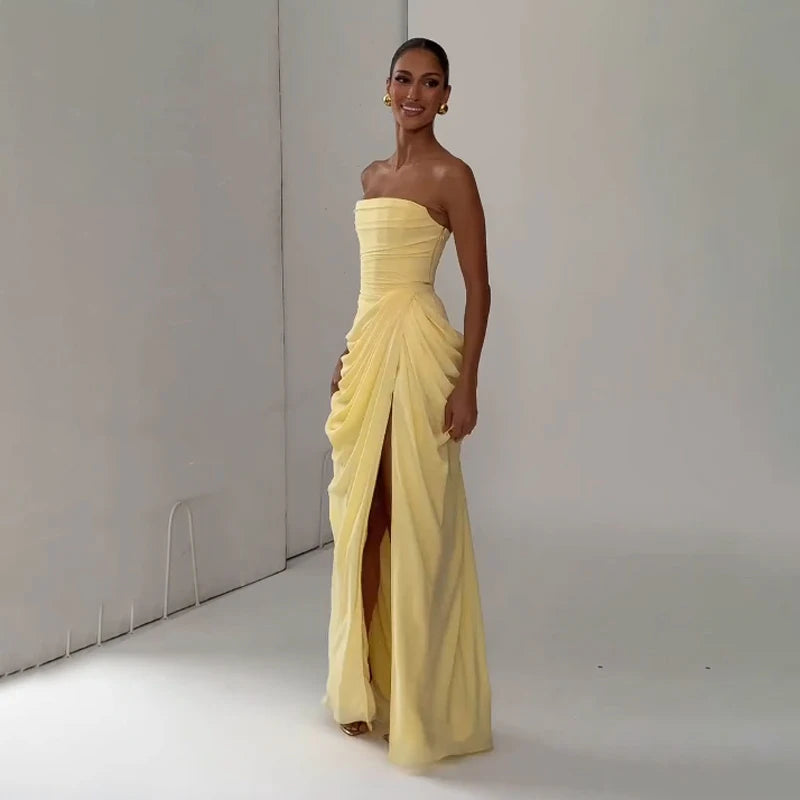Elegant Yellow Strapless Pleated Dress Women Chic Sleeveless Waist Cinching Split Maxi Gowns 2026 Summer Lady Evening Party Robe