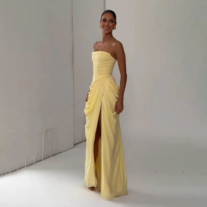 Elegant Yellow Strapless Pleated Dress Women Chic Sleeveless Waist Cinching Split Maxi Gowns 2026 Summer Lady Evening Party Robe