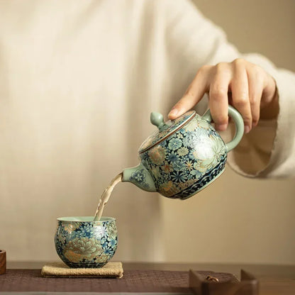 Ru Kiln Ceramic Teapot Gilded Peony Western Han Tile Pot Kung Fu Tea Set Household Tea Pot