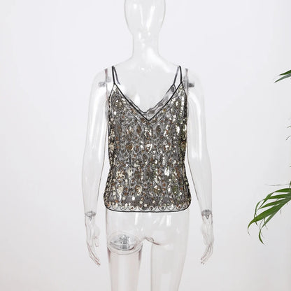 Sexy Sequins Beaded Camisoles Women Glitter Sleeveless Backless Pleated Sling Crop Tops 2026 Spring Summer Club Party Tank Lady