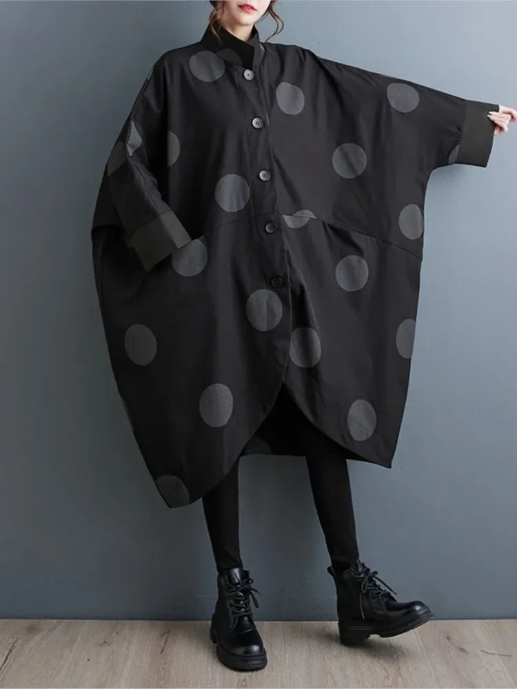 Oversized Polka Dot Trench Coat Women Vintage Autumn Loose Ladies Outwear Casual Trench Coats Fashion Woman Long Jacket Coat