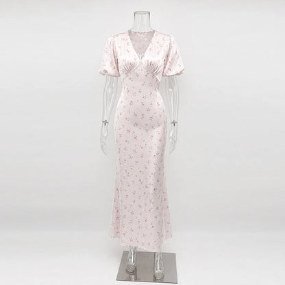TARUXY Stylish Printed Maxi Dress Women Elegant Slim V-Neck Short-Sleeve Evening Dress Summer New Casual Commuter Female Dress
