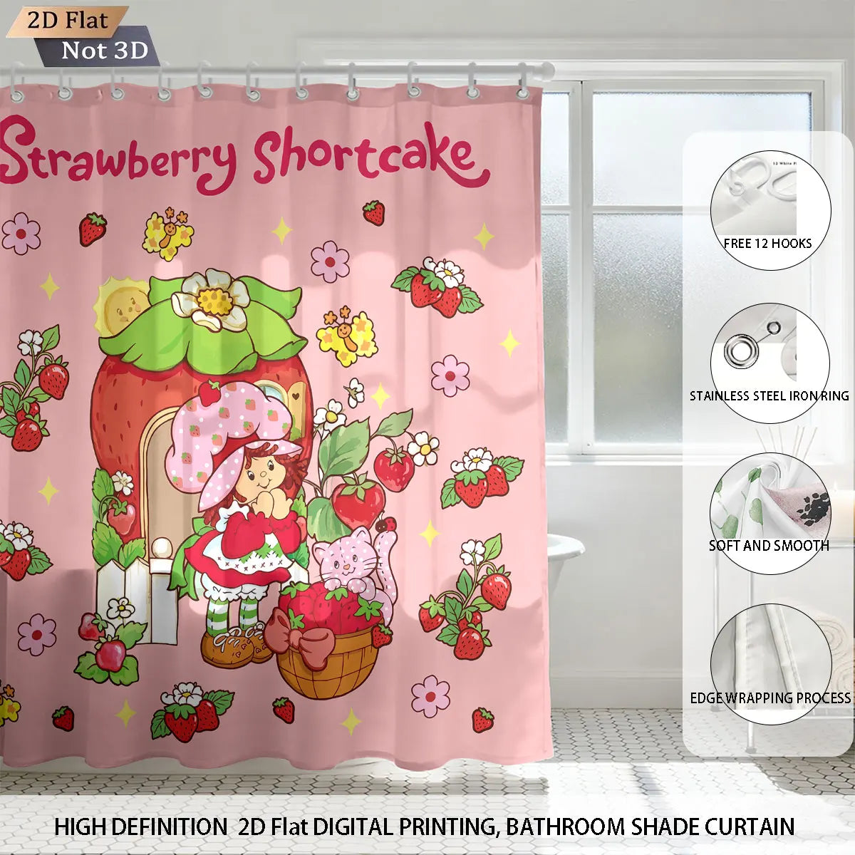 1pc Pink Cake Girl Printed Waterproof Shower Privacy Partition Shower Curtain With 12 Hooks Multiple Sizes Machine Washable