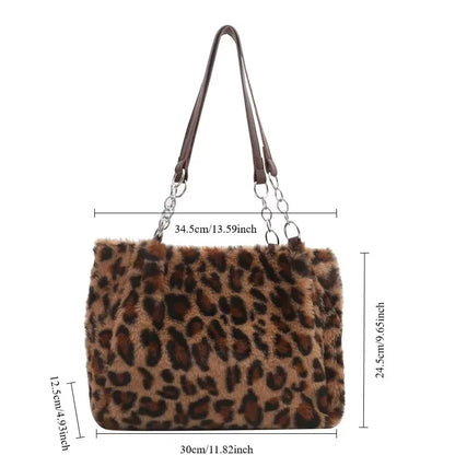 New Leopard Print Fur Bags Women Fashion Portable Faux Fur Handbags Winter Soft Warm Bag Girls Fluffy Large Capacity Tote Purse