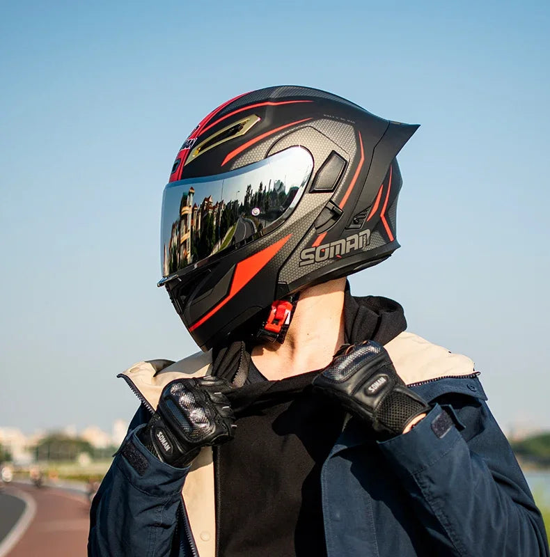SOMAN Full Face Helmet Dual Lens Flip Up Motorcycle Helmets Casco Accessories Men Women Casque Moto Racing DOT Approved Visor