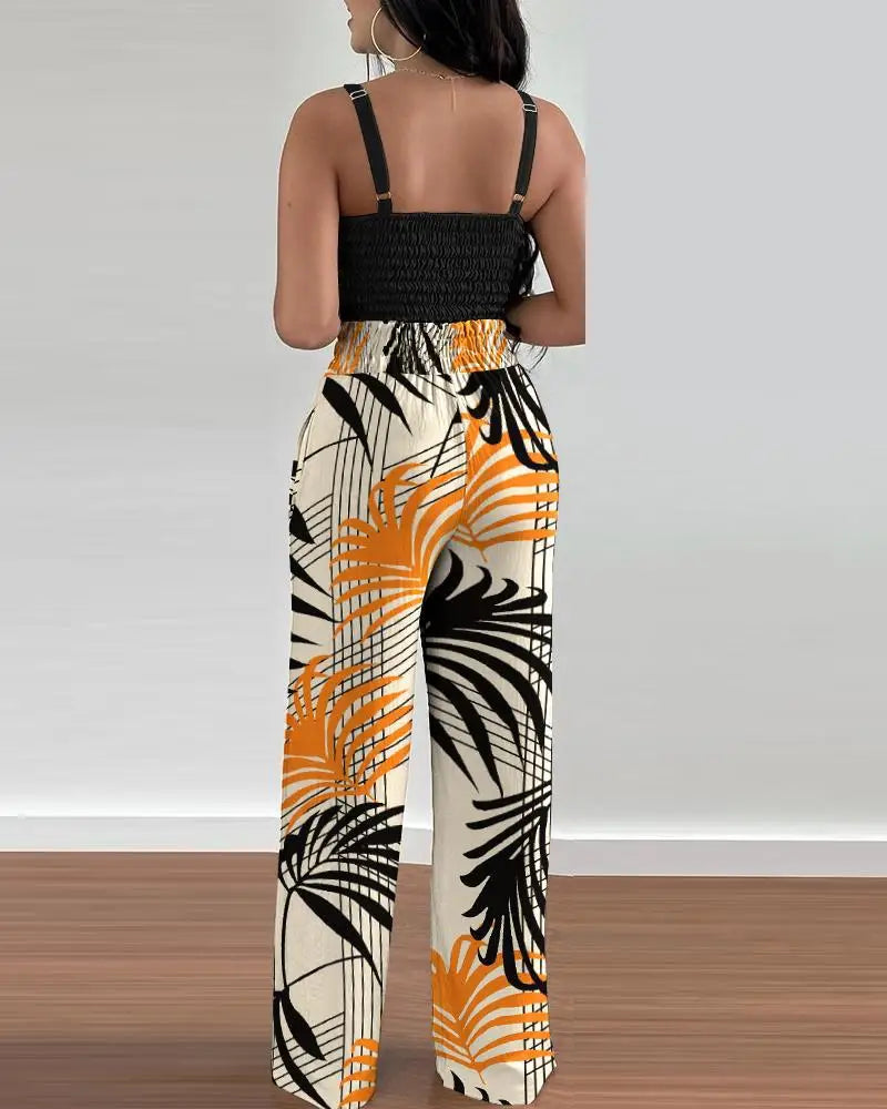 2 Piece Outfits For Women 2025 Sexy V-Neck Strap Shirred Slim Crop Top & Lace-up Wide Leg Pants Sets Elegant Office Lady Suit
