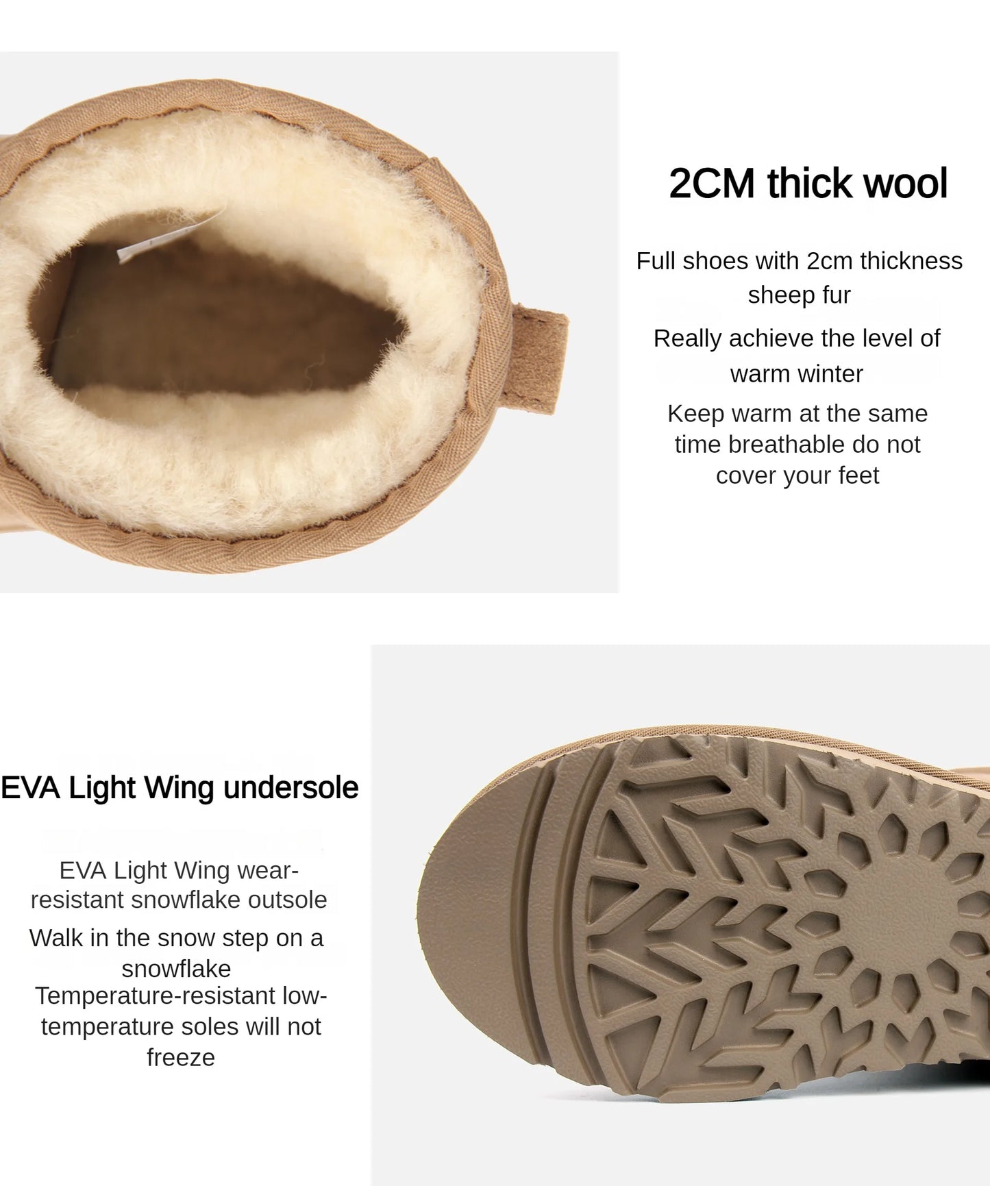 Men's and women's sheepskin and wool integrated snow boots, real leather and fur, winter thick and warm boots for women