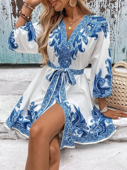 Elegant Women's Retro Printed V Neck Lantern Sleeve Dress Spring Summer Fashion Cinched Waist Lace-up Female Vacation Shortskirt