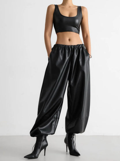 Autumn Women Pu Leather Elastic Waistband Lantern Pants Lady Casual Loose Shiny PU Trousers Trend Fashion Street Long Pants 2025