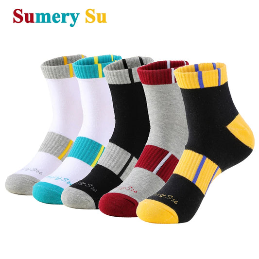 5 Pairs/Lot Running Socks Men Casual Sports Stripes Colorful Combed Cotton Outdoor Compression Thick Short Male 5 Colors