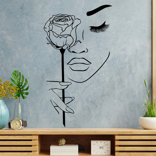 creative black girl face rose sticker for salon living room decoration self adhesive wall decal