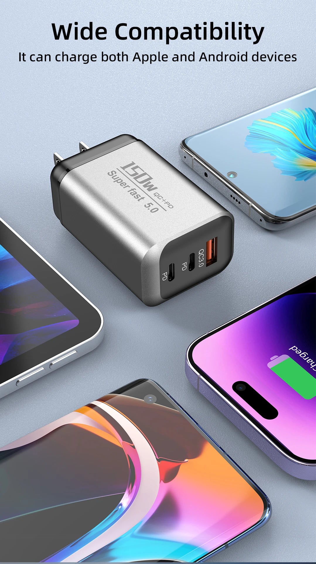 150W USB Type C Charger USB QC3.0 Fast Charging Mobile Phone Charger Travel Adapter For iPhone 17 Samsung Xiaomi EU/UK/US Plug