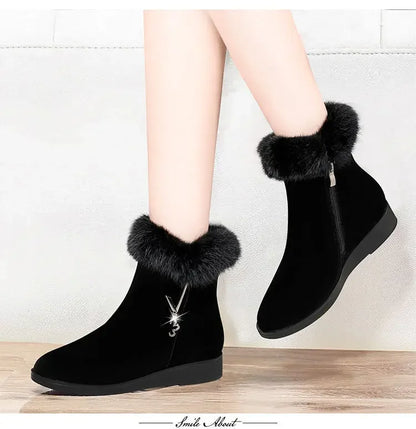 Plush Womens Boots Comfortable Hick-soled Fur Shoes Fashion Ladies Shoes Zipper Women Vulcanized Shoes Anti-slip Chaussure Femme