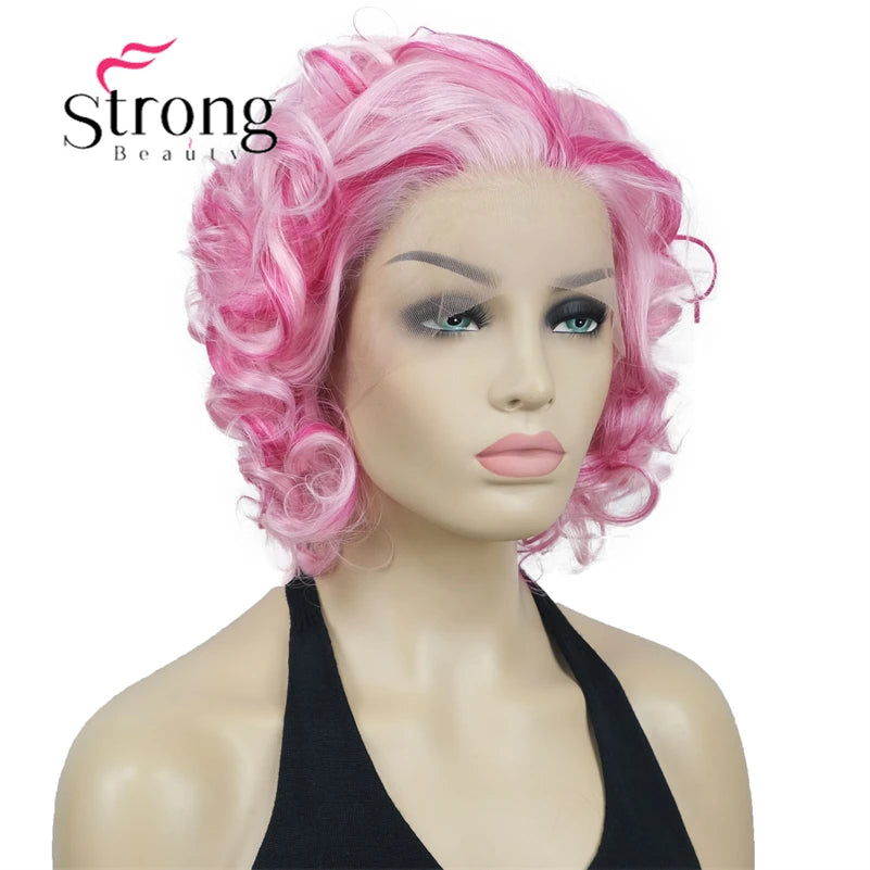 Short Curly Bob Wig Lace Front Wig Pink Synthetic Lace Front Wig For Women Natural Hairline Heat Resistant Synthetic Fiber