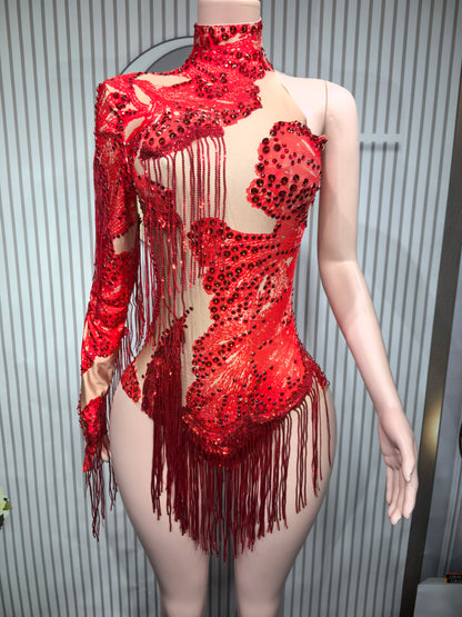 Sexy Skinny Leotard Singer Dancer Show StageWear Sparkly Blue Rhinestones Women DanceCostume Fringes One Shoulder Bodysuit  7G