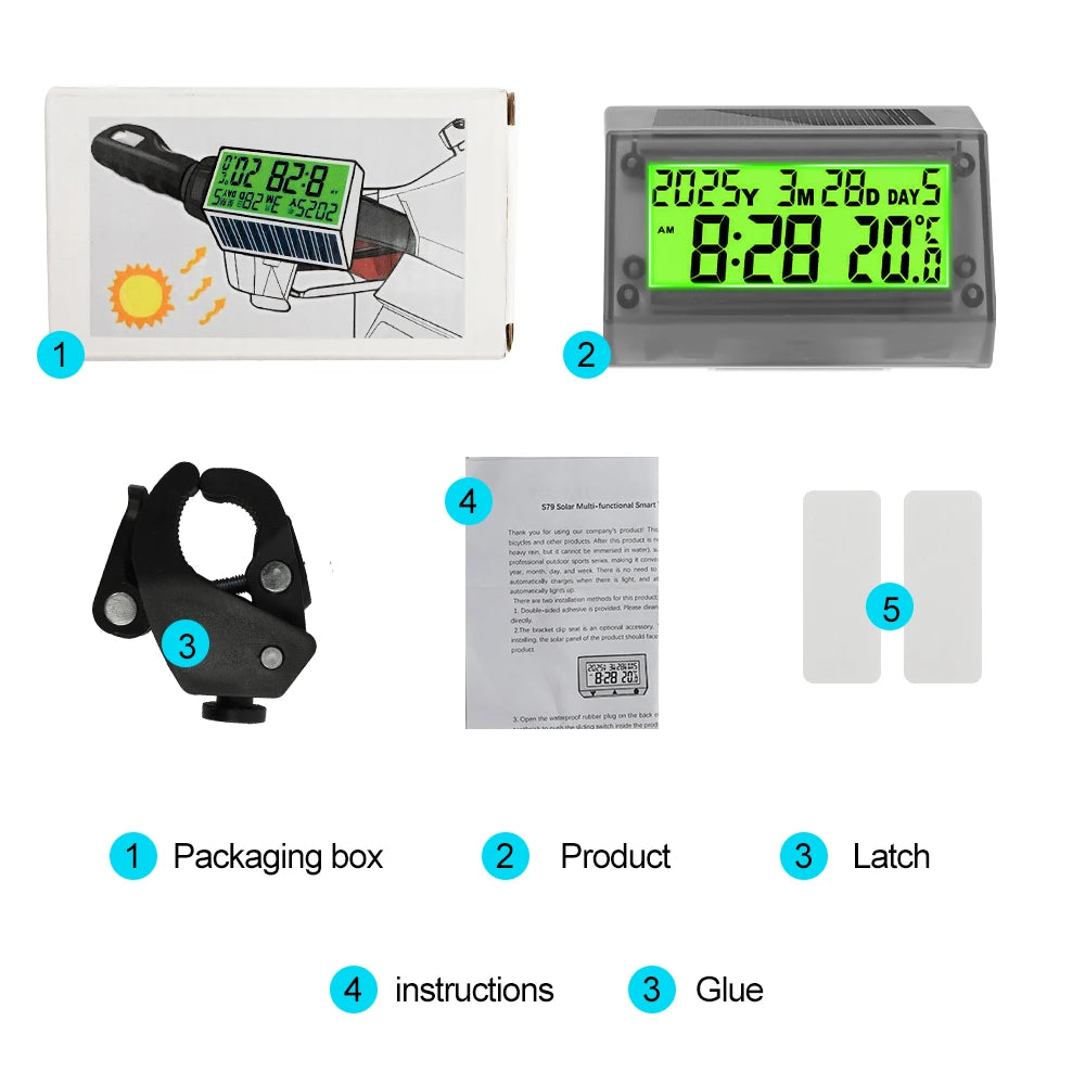 Solar Motorcycle Digital Clock with Date Week Temperature LCD Backlit Display Waterproof Thermometer with Motorcycle Stand