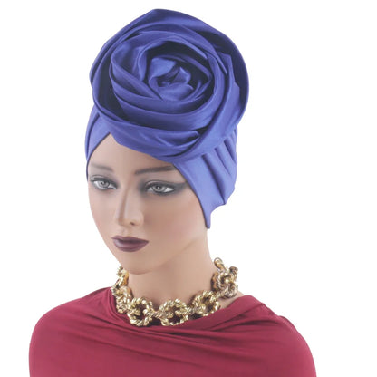 Raw Silk Big Rose Flower African Turban Caps for Women Headwear Head Wraps Nigerian Wedding Geles Party Headgear Bonnet