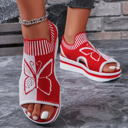 2024 Summer New Women Sandals Round Toe Platform Sole Mesh Single Women Shoes Casual Fashion Blue Butterfly Plus Size Sandals