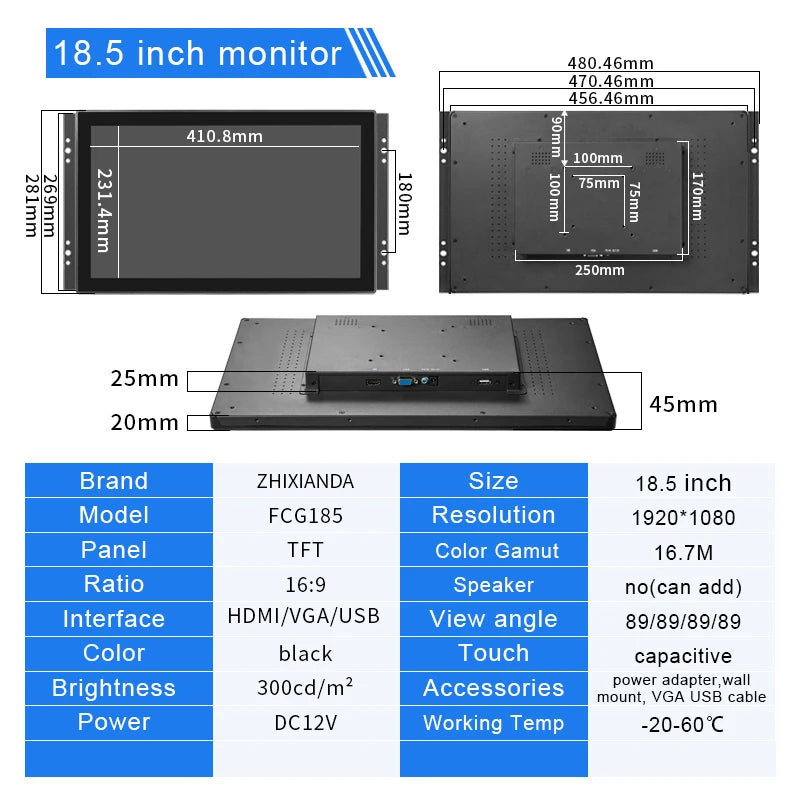 Flat True Capacitive Touch Screen Monitor 18.5 Inch 1920*1080 Open Frame Industrial Waterproof Display With VGA HDMI USB Input
