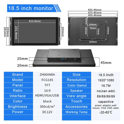 Flat True Capacitive Touch Screen Monitor 18.5 Inch 1920*1080 Open Frame Industrial Waterproof Display With VGA HDMI USB Input