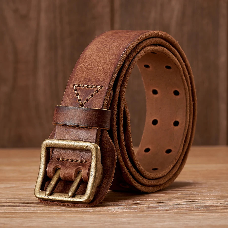 3.8CM Original Handmade Double-needle Buckle Men Belt Washed Water Made Old Macho Jeans Belt Genuine Leather Army Tactical Belt
