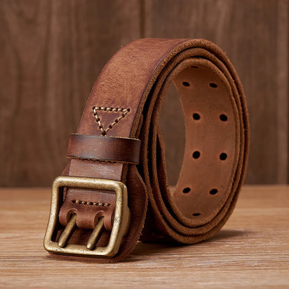 3.8CM Original Handmade Double-needle Buckle Men Belt Washed Water Made Old Macho Jeans Belt Genuine Leather Army Tactical Belt