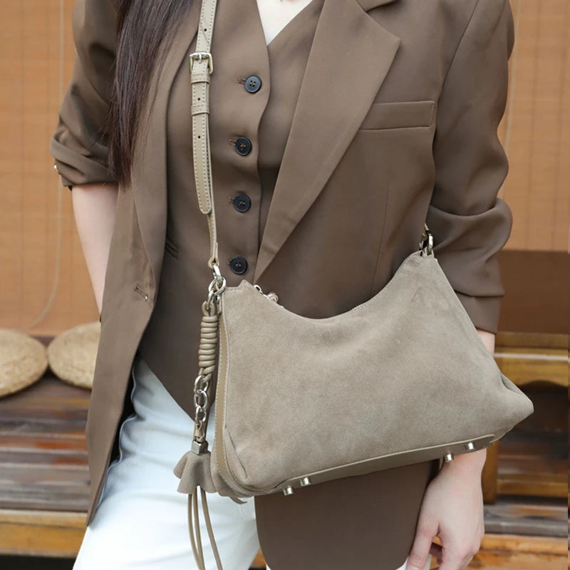 Hifashion Vintage Matte Suede Genuine Leather Underarm Shoulder Bags For Women 2025 Luxury Designer Hobo Tote Ladies Handbags