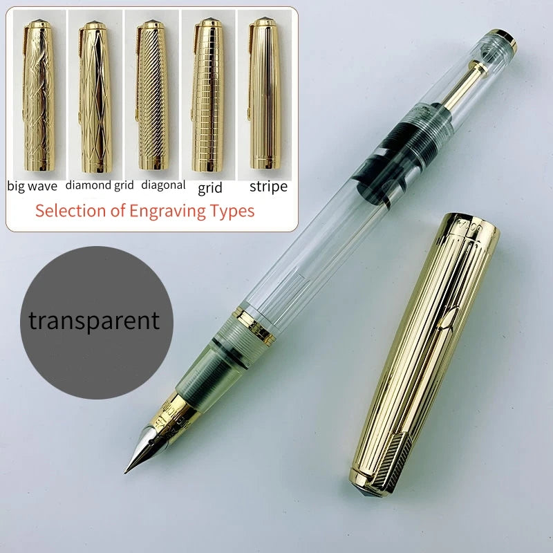 WingSung 601A Double Blue Stone Fountain Pen Gold Carving Cap Vacuum Piston F 0.5mm Iridium Wrapped Nib Writing Ink Pens Gift