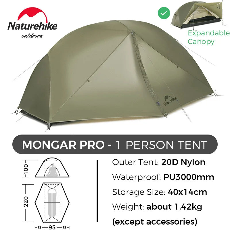 Naturehike Mongar 2 UL/PRO 1-2 Person Backpacking Tent Nylon Waterproof Ultralight Travel Trekking Shelter Tent with Footprint