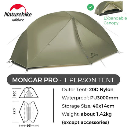 Naturehike Mongar 2 UL/PRO 1-2 Person Backpacking Tent Nylon Waterproof Ultralight Travel Trekking Shelter Tent with Footprint
